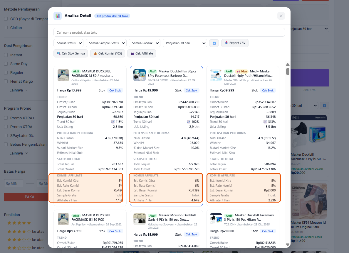 Screenshot Sinyal Kompetisi Affiliate SENA di halaman produk Shopee