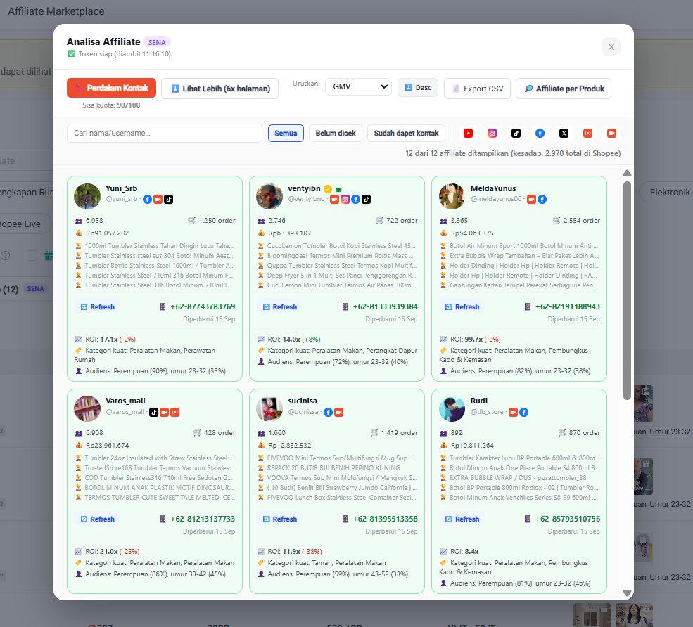 Screenshot fitur Cari & Kontak Affiliate SENA di halaman Affiliate Marketplace Seller Center