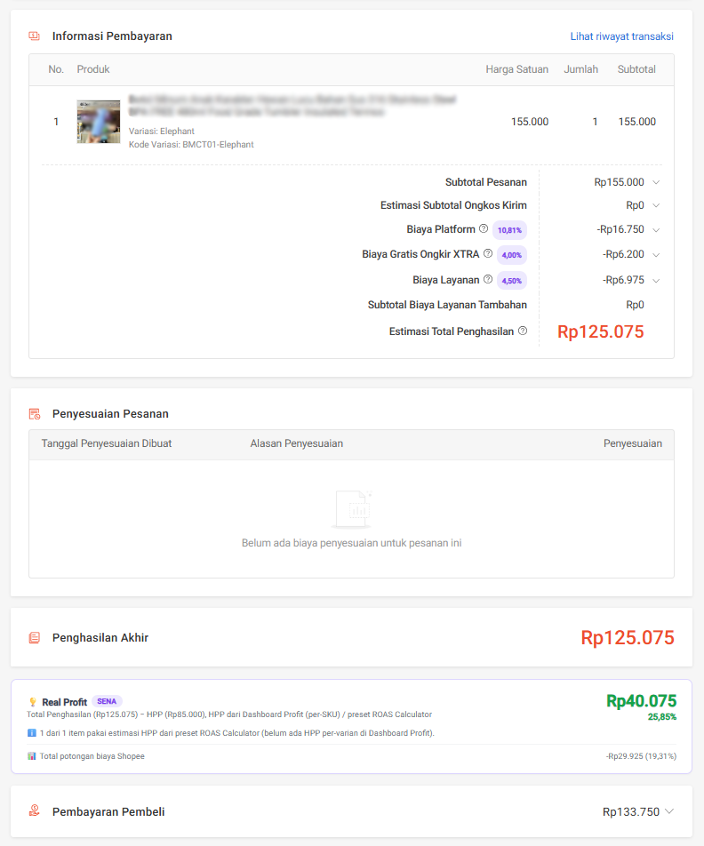 Screenshot badge Real Profit SENA menampilkan profit bersih per pesanan di halaman Rincian Pesanan Shopee